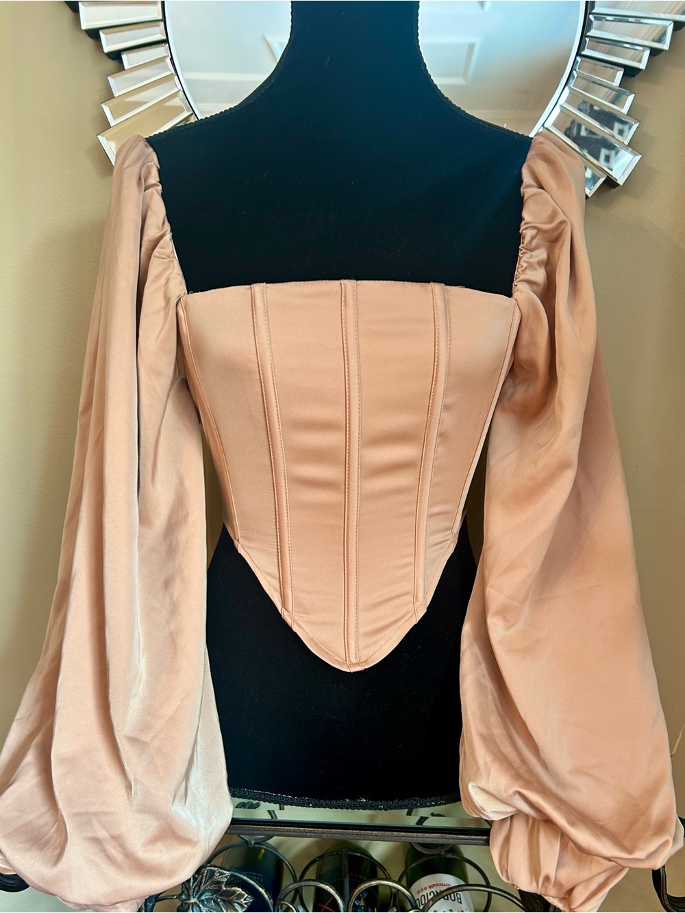 PrettyLittleThing Champagne Satin Corset Blouse with Puff Sleeves